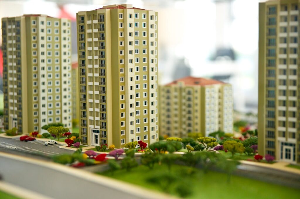 Close-up image of a modern residential building model, showcasing urban architecture.